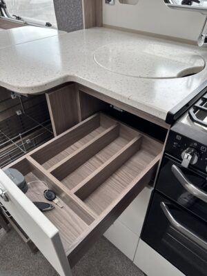 2026 Swift Conqueror 480 caravan kitchen drawers